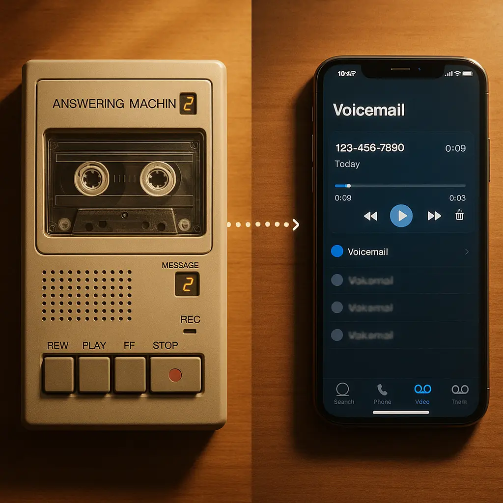 A vintage answering machine with a blinking red light, juxtaposed against a modern smartphone screen showing a voicemail notification