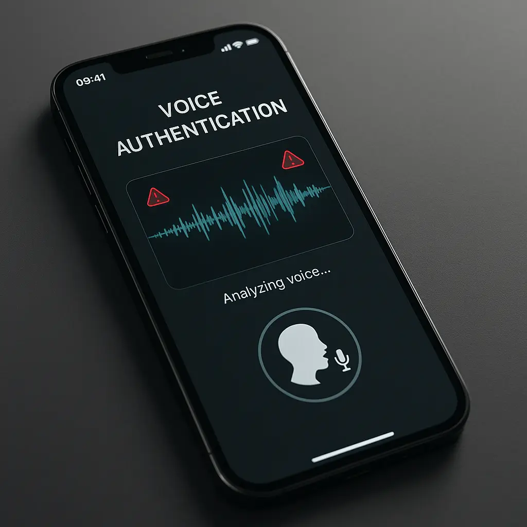 Smartphone displaying voice authentication interface with waveform pattern and security lock icon