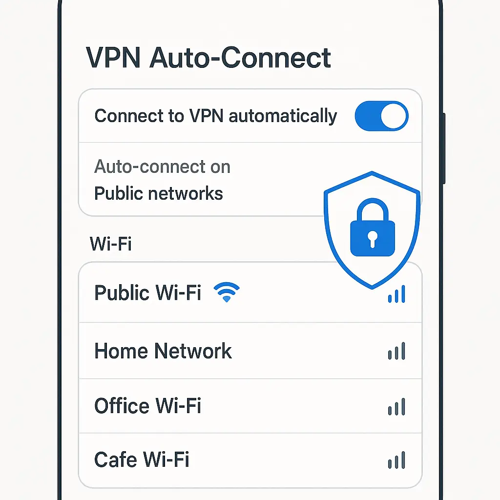 Phone screen showing VPN auto-connect toggle enabled, with WiFi networks listed below