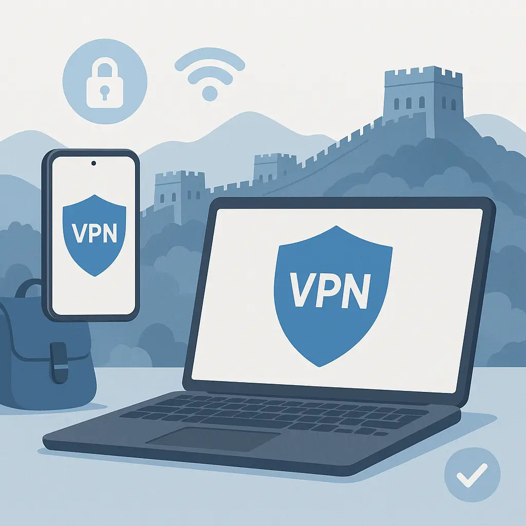 Laptop and phone with active VPN connections on hotel desk, symbolizing maintained access abroad