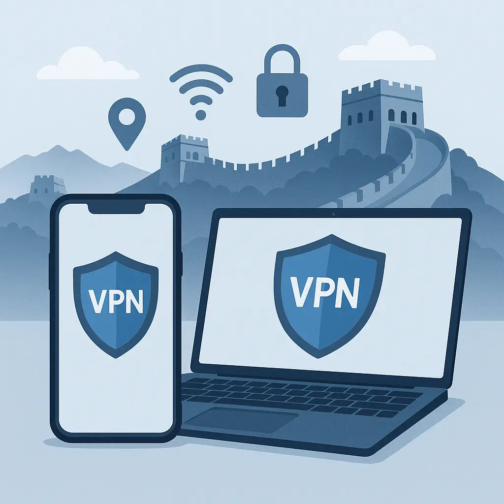 Smartphone displaying VPN connection screen with Chinese flag in background, representing cross-border digital access
