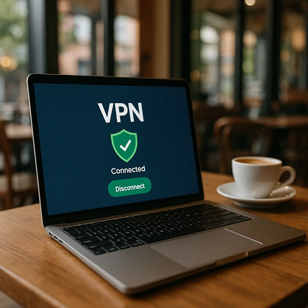 Person using laptop in public space with secure connection indicators visible on screen