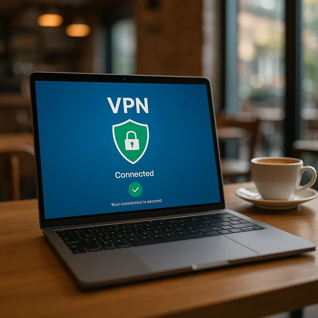 Laptop displaying VPN connection interface with a shield icon on screen, surrounded by coffee shop setting