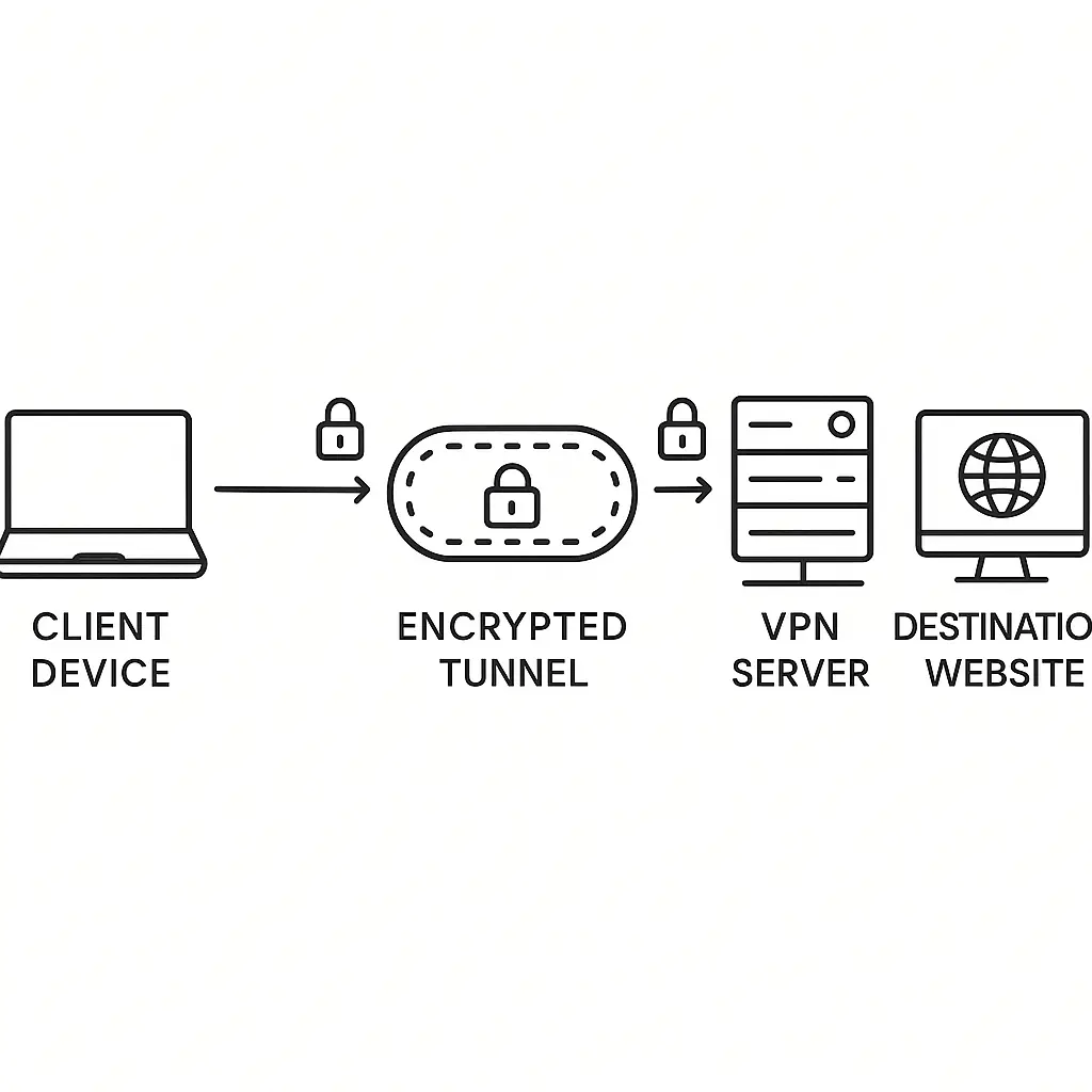 Network diagram showing encrypted data packets traveling through a VPN tunnel between a laptop and a remote server
