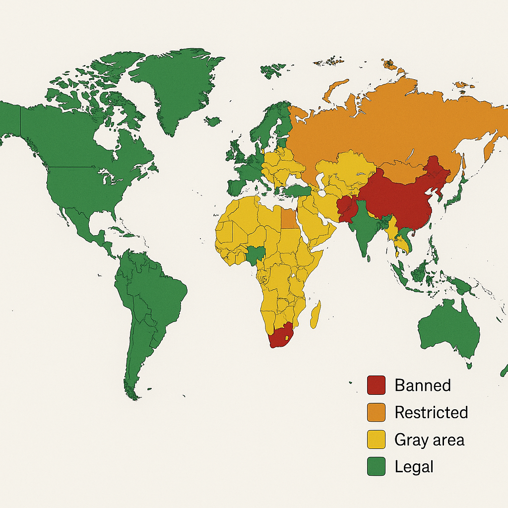 World map highlighting countries with VPN restrictions in varying shades