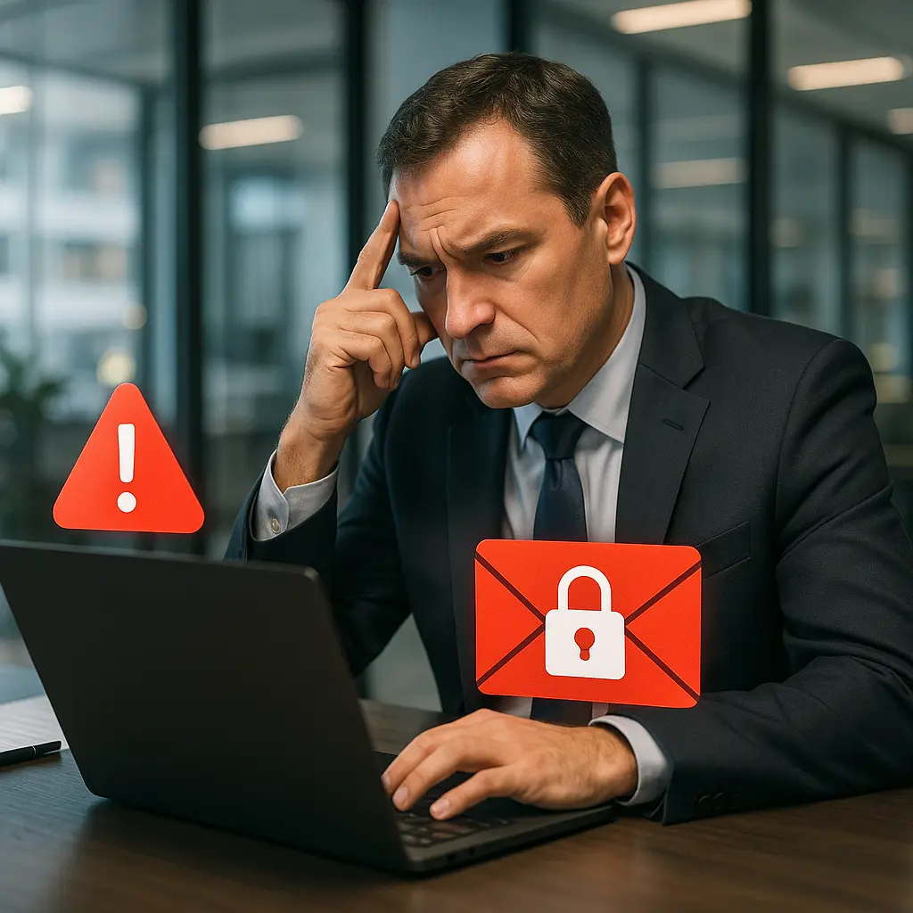 Executive reviewing email on laptop with security warning overlay