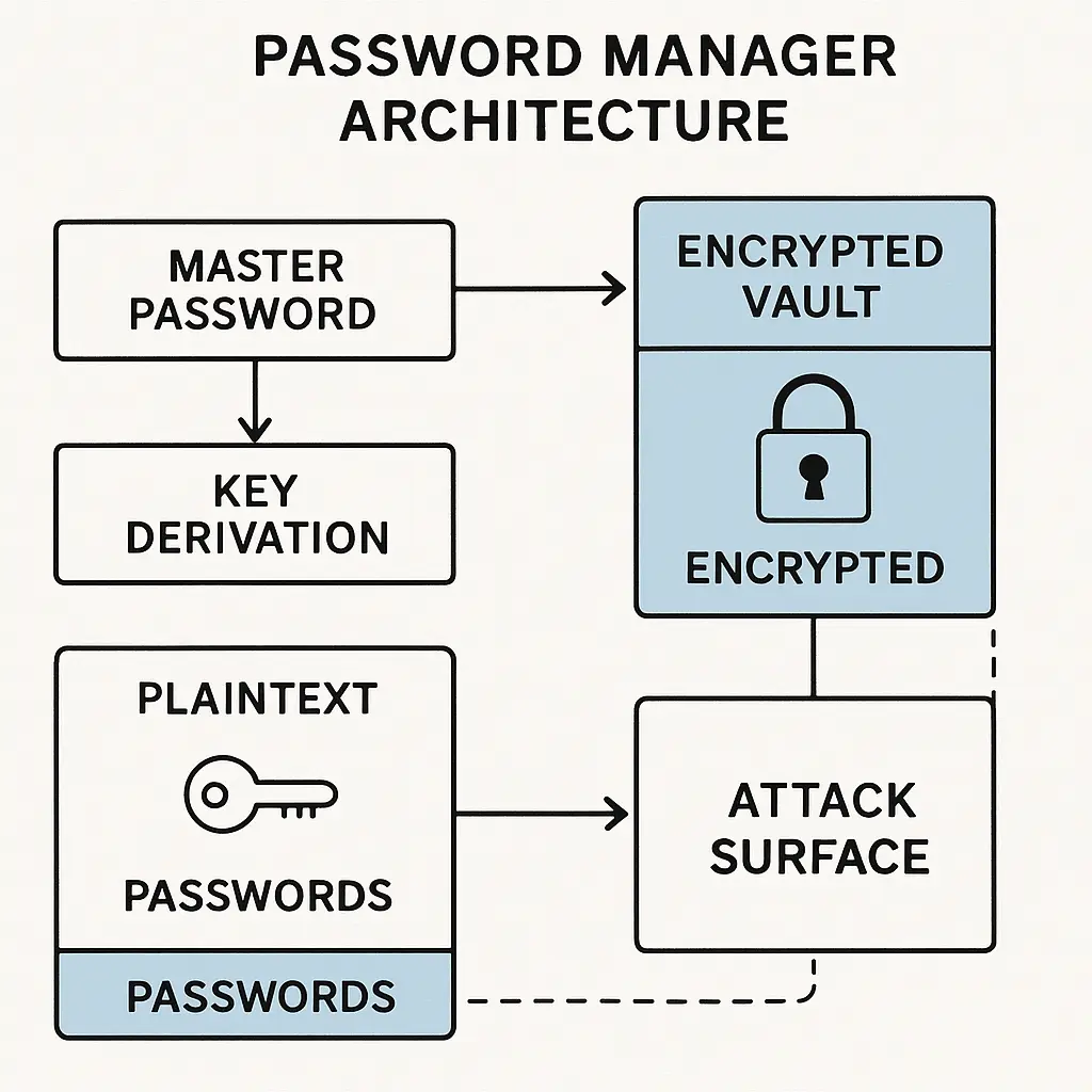 Layered security diagram showing master password, encryption, and MFA protecting vault