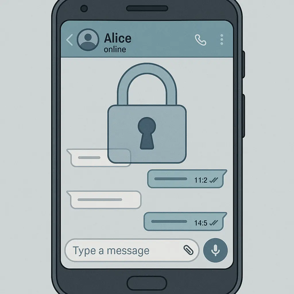 Smartphone screen showing WhatsApp conversation with a translucent encryption lock overlay, representing the gap between technical security and practical privacy