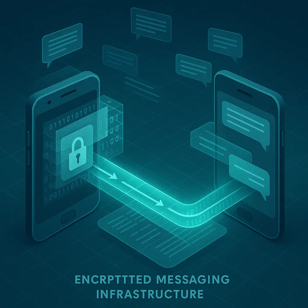 Conceptual diagram of messaging platform architecture highlighting encryption endpoints and metadata collection points