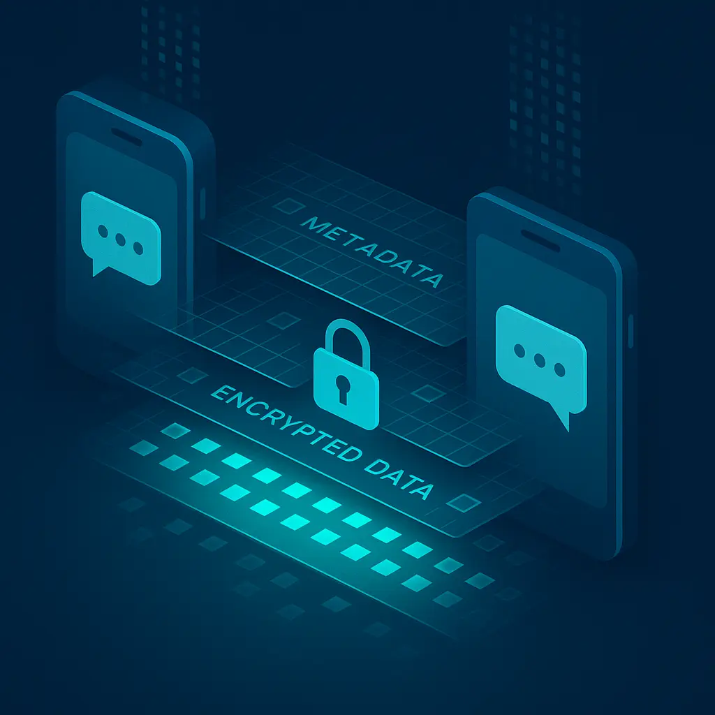 Abstract visualization of encrypted messaging infrastructure showing data flow between devices through secure channels