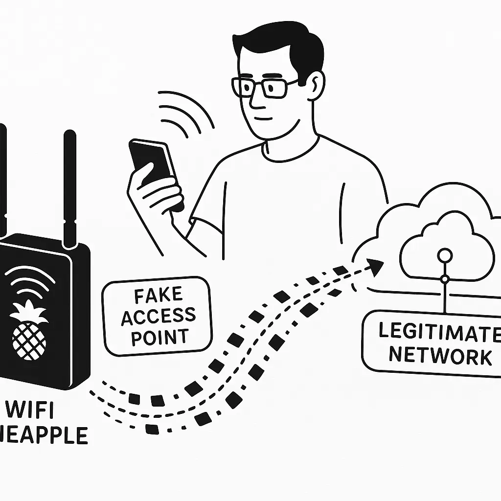 Network diagram showing legitimate WiFi signal and rogue pineapple device intercepting traffic between user and internet