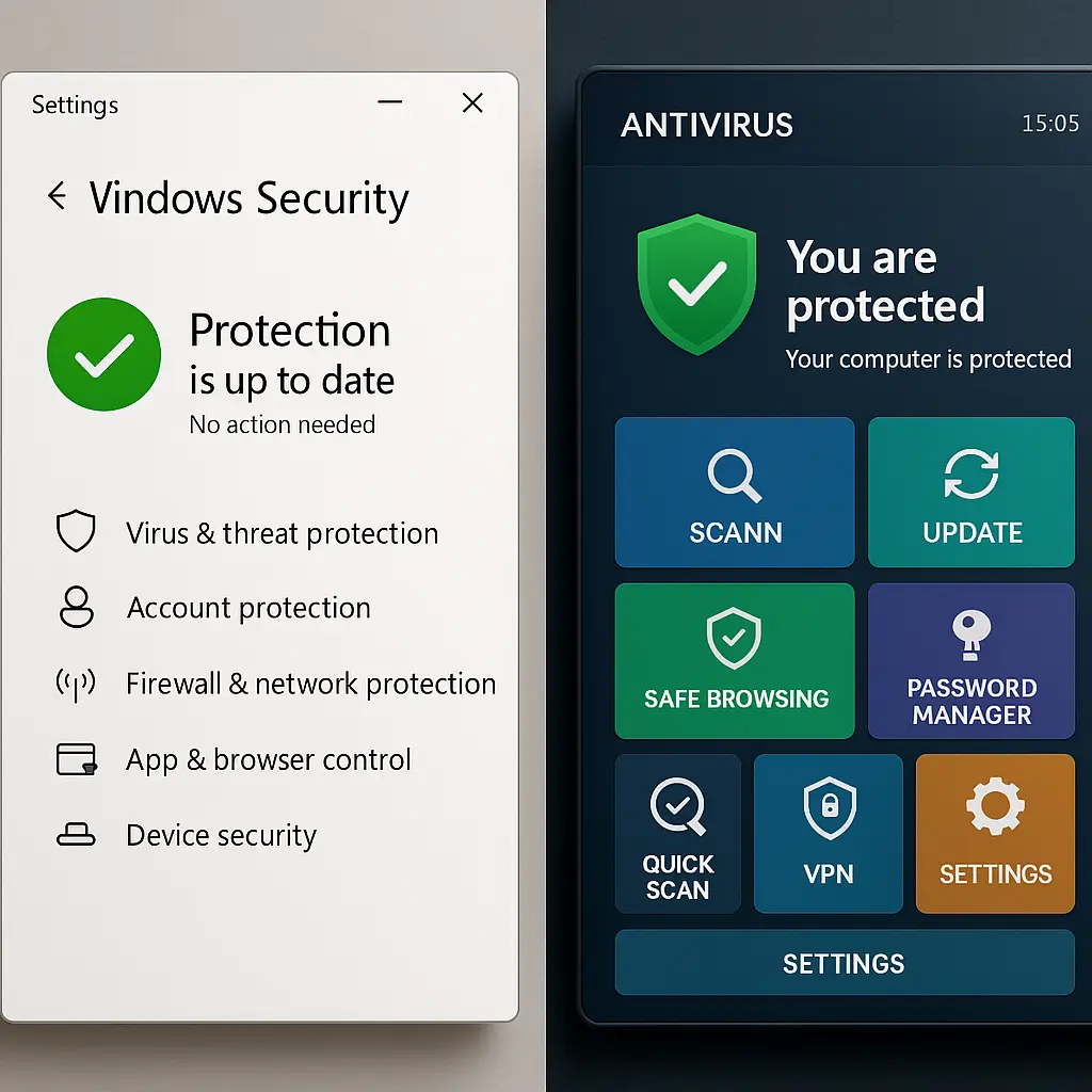 Side-by-side comparison of Windows Defender shield icon and generic paid antivirus product box on a desktop background