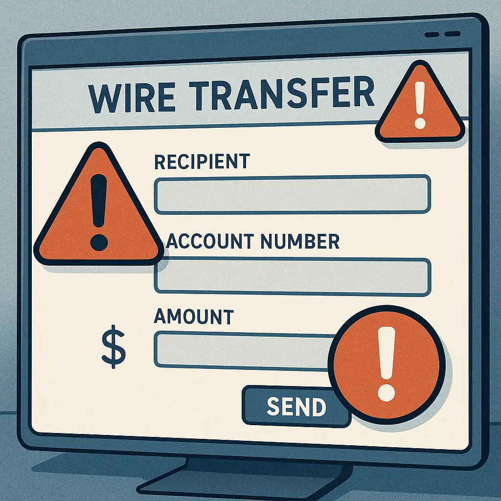 A computer screen displaying a wire transfer form with warning symbols overlaid, representing the irreversible nature of the transaction