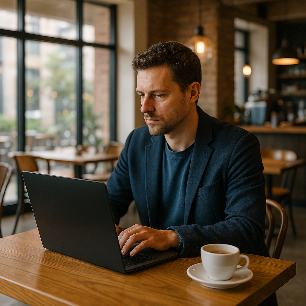 Remote worker packing up laptop in coffee shop with privacy screen attached