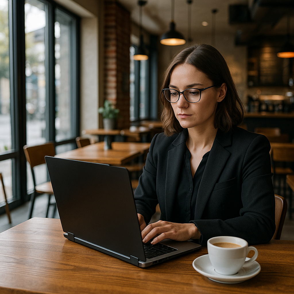 Laptop open on coffee shop table with privacy screen visible, surrounded by coffee cup and notebook