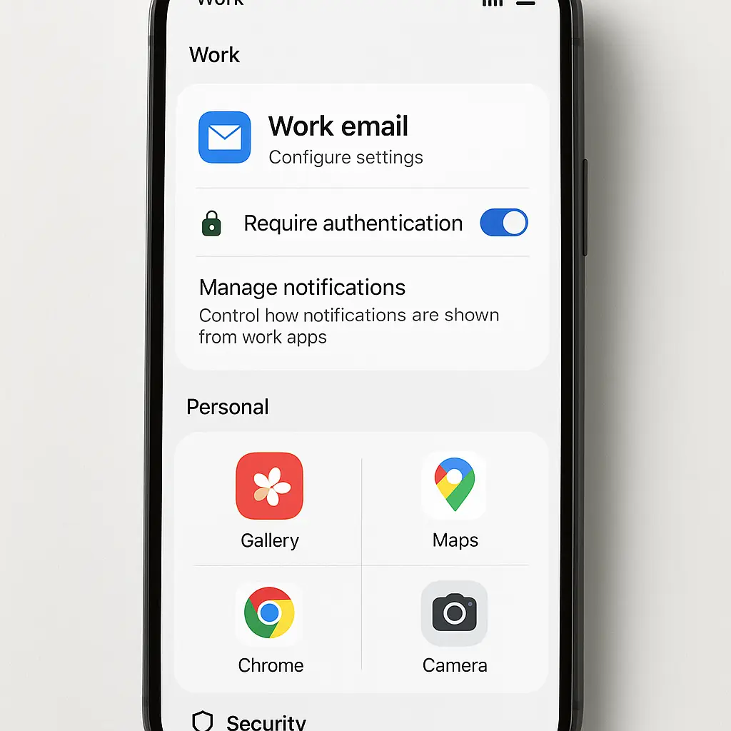 Phone screen showing clearly separated work and personal notification zones with privacy controls enabled