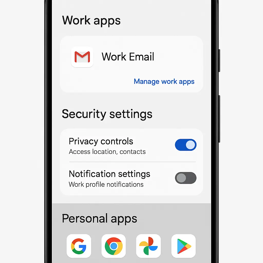 Smartphone displaying split-screen interface showing work email app alongside personal messaging apps, with security settings panel visible