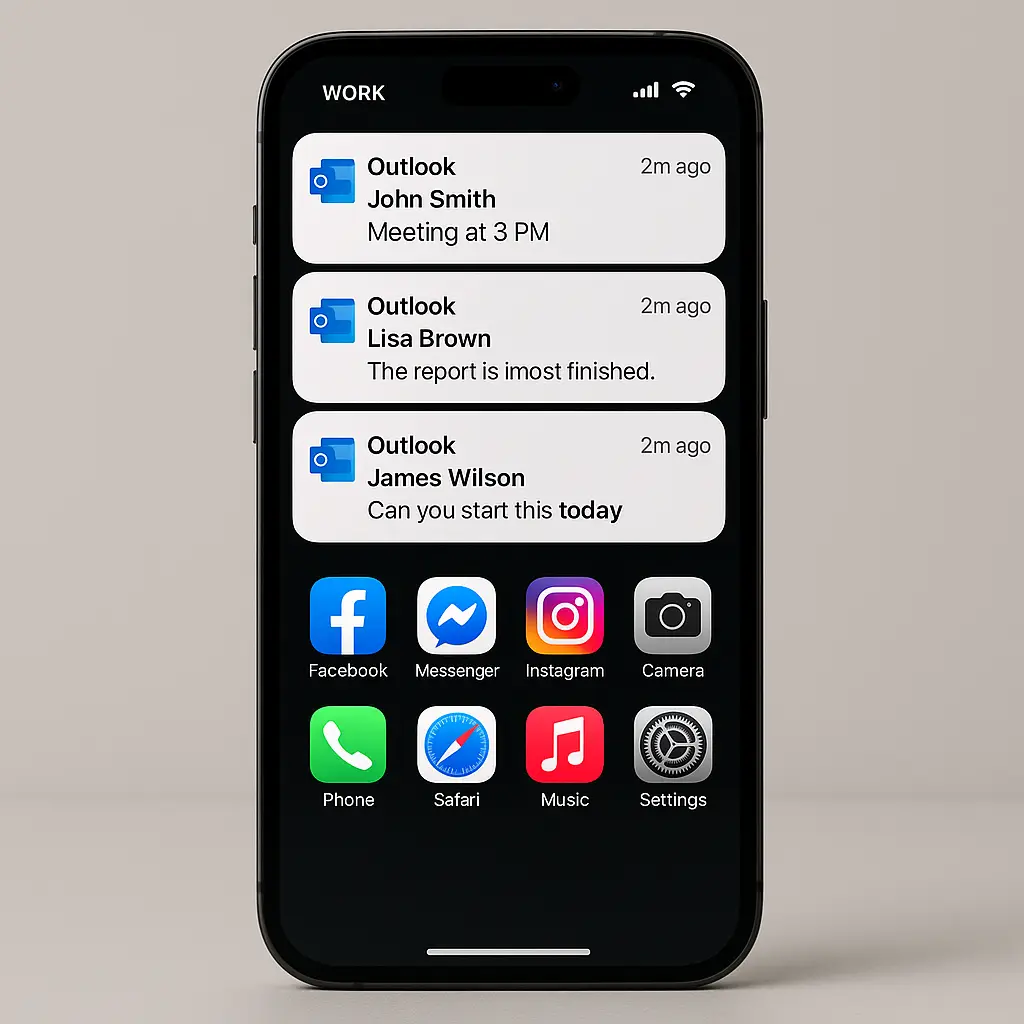 A smartphone displaying a work email notification next to personal apps, illustrating the blurred boundary between professional and personal digital life