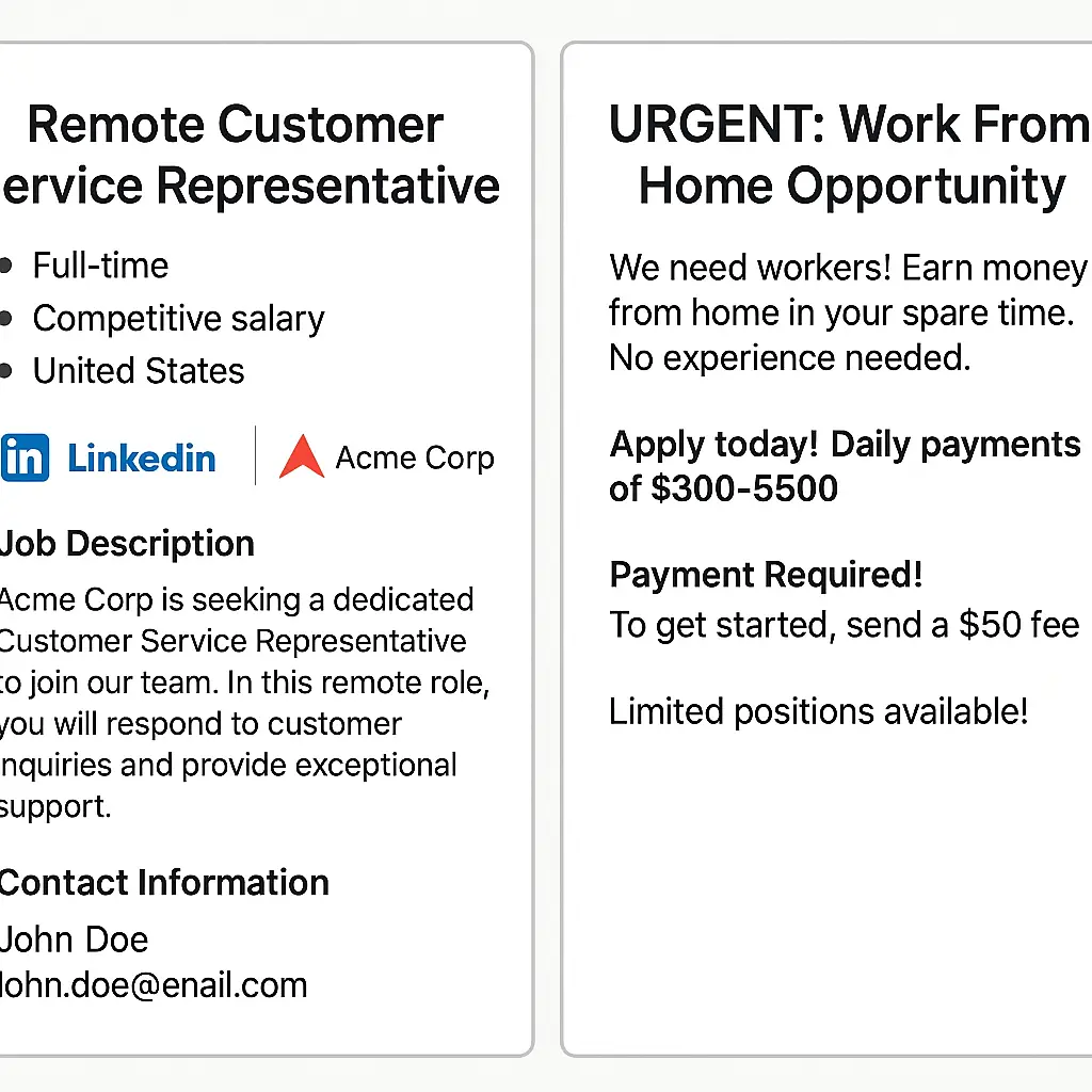 A checklist of job offer verification steps with green checkmarks next to legitimate indicators
