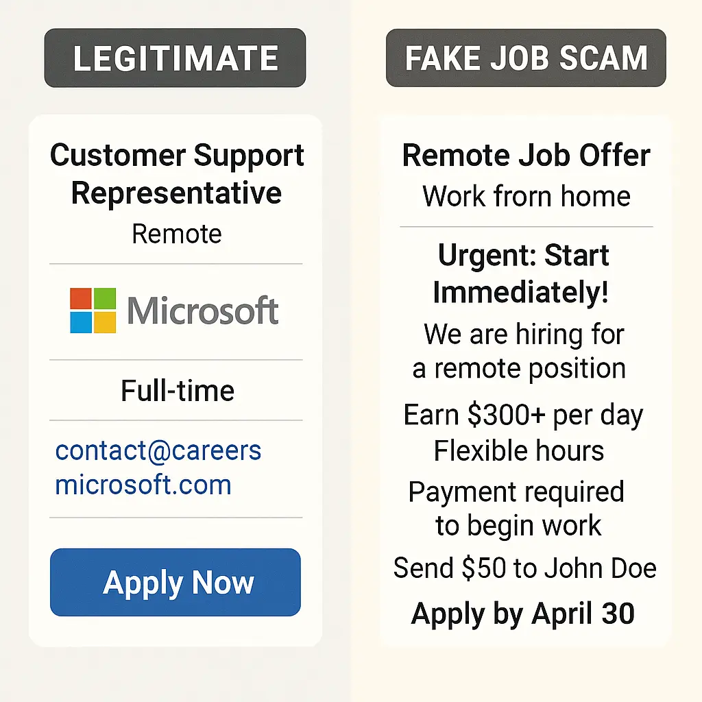 A laptop displaying a fake job listing with warning signs highlighted, surrounded by red flags and verification checkmarks