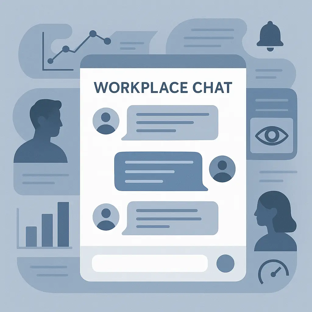 Abstract illustration showing chat bubbles overlaid with monitoring symbols, representing workplace messaging surveillance