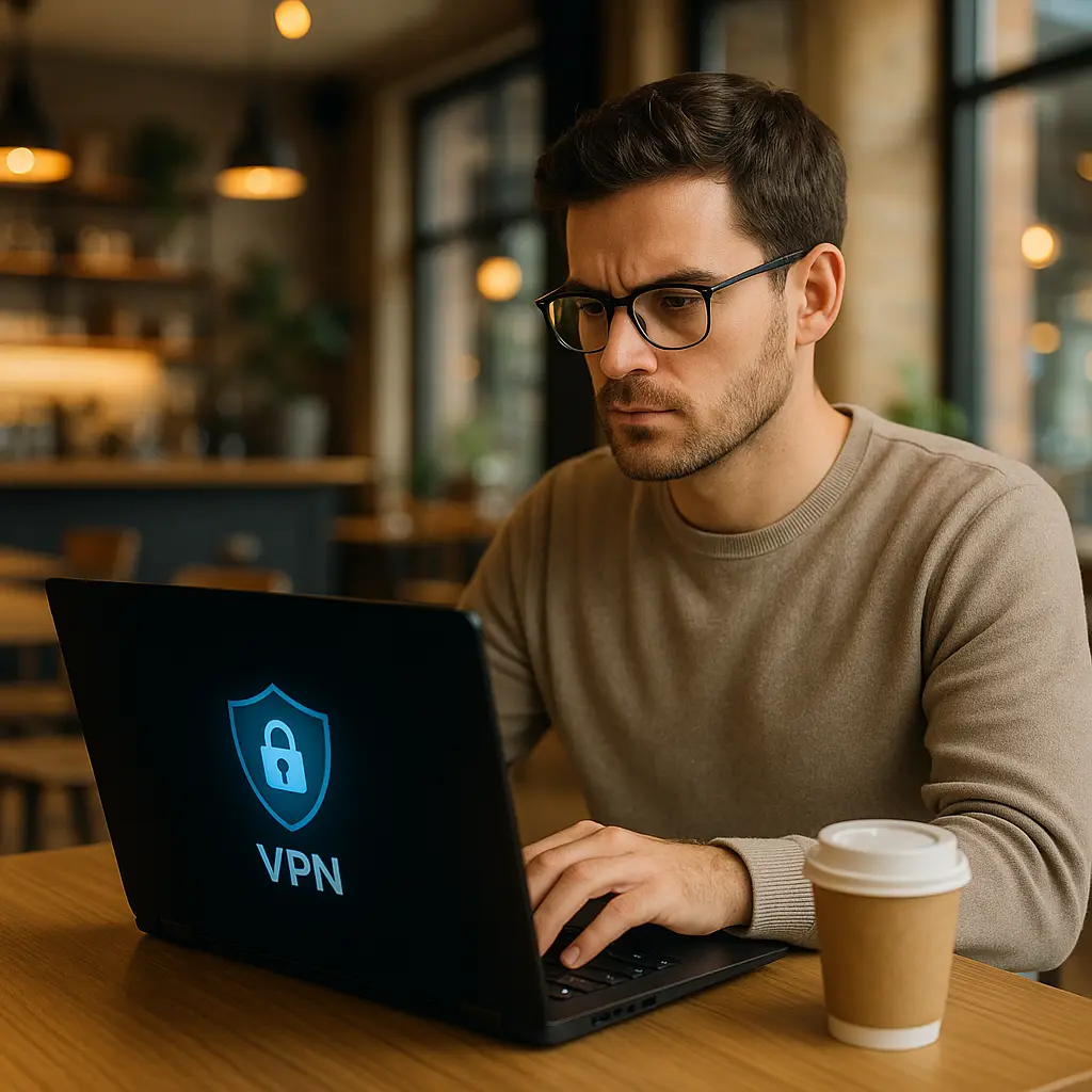 Close-up of a laptop screen showing a VPN connection indicator and a secure lock icon in the browser