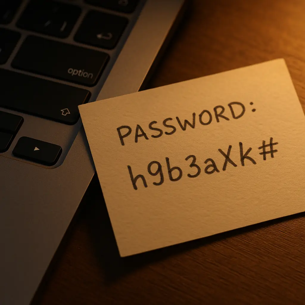 A handwritten password on a sticky note next to a locked laptop
