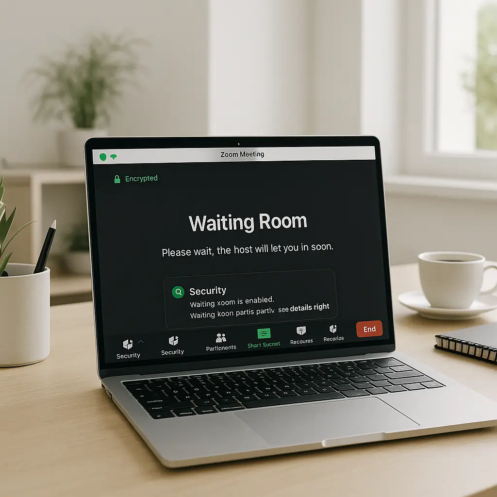 Zoom host controls interface showing waiting room, encryption, and participant management options