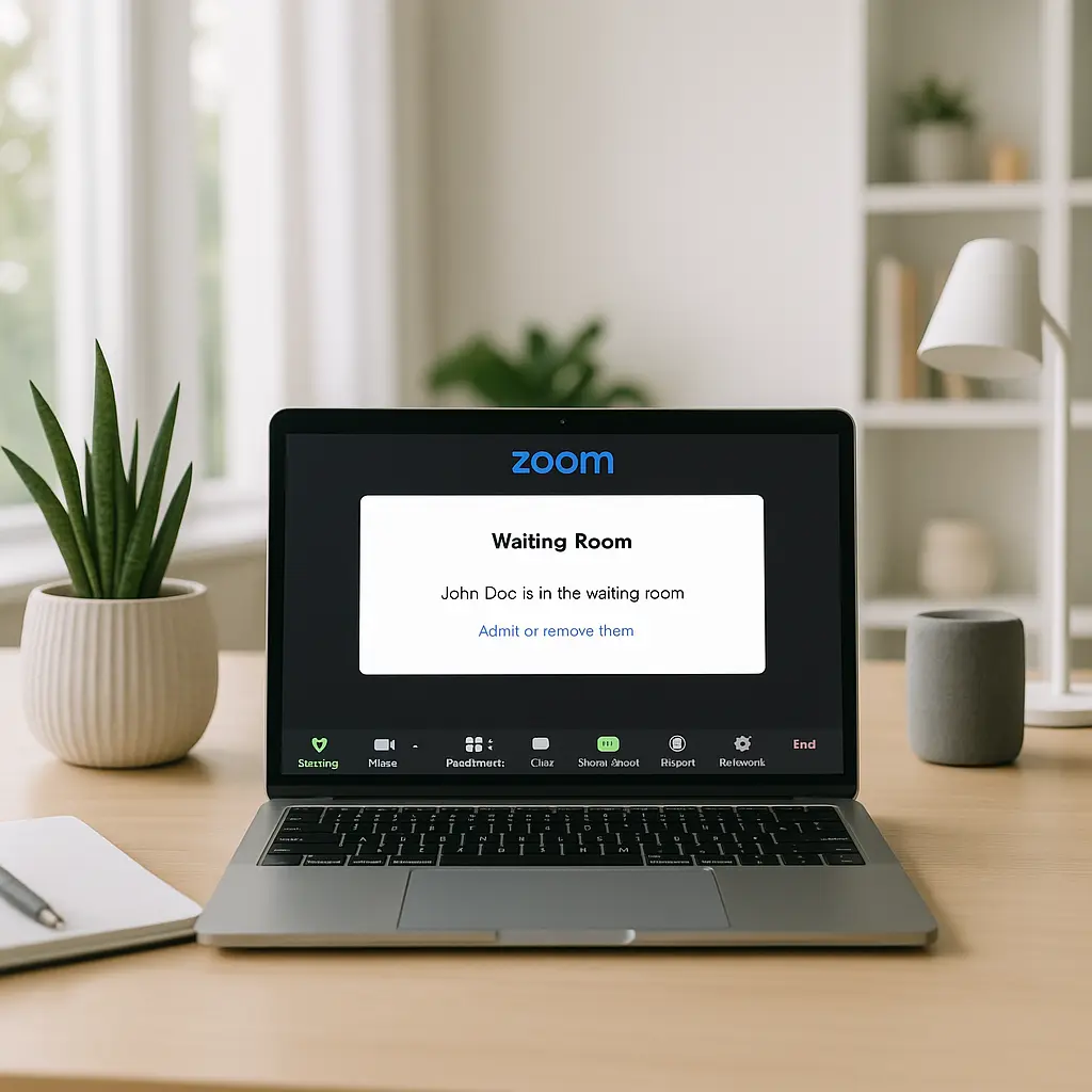 Laptop screen showing Zoom meeting with security settings panel visible, lock icon overlay