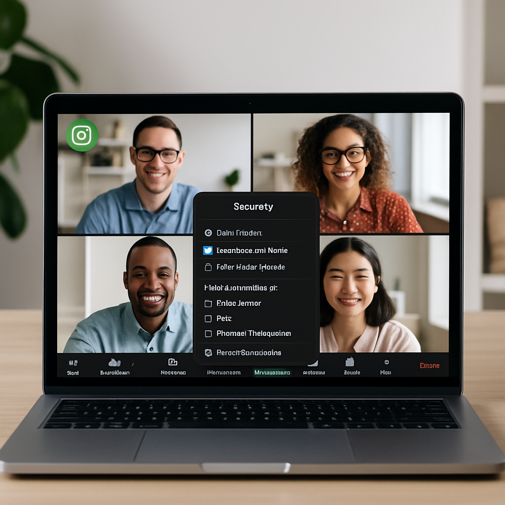 A laptop displaying a Zoom meeting grid with privacy controls visible on screen